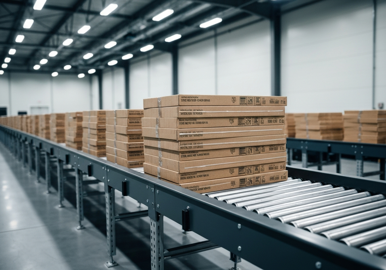 A sleek, modern logistics warehouse interior with neatly stacked parcels on a conveyor belt, soft natural lighting, editorial photography style, 85mm lens, high-end commercial aesthetic, no text, no words, no letters