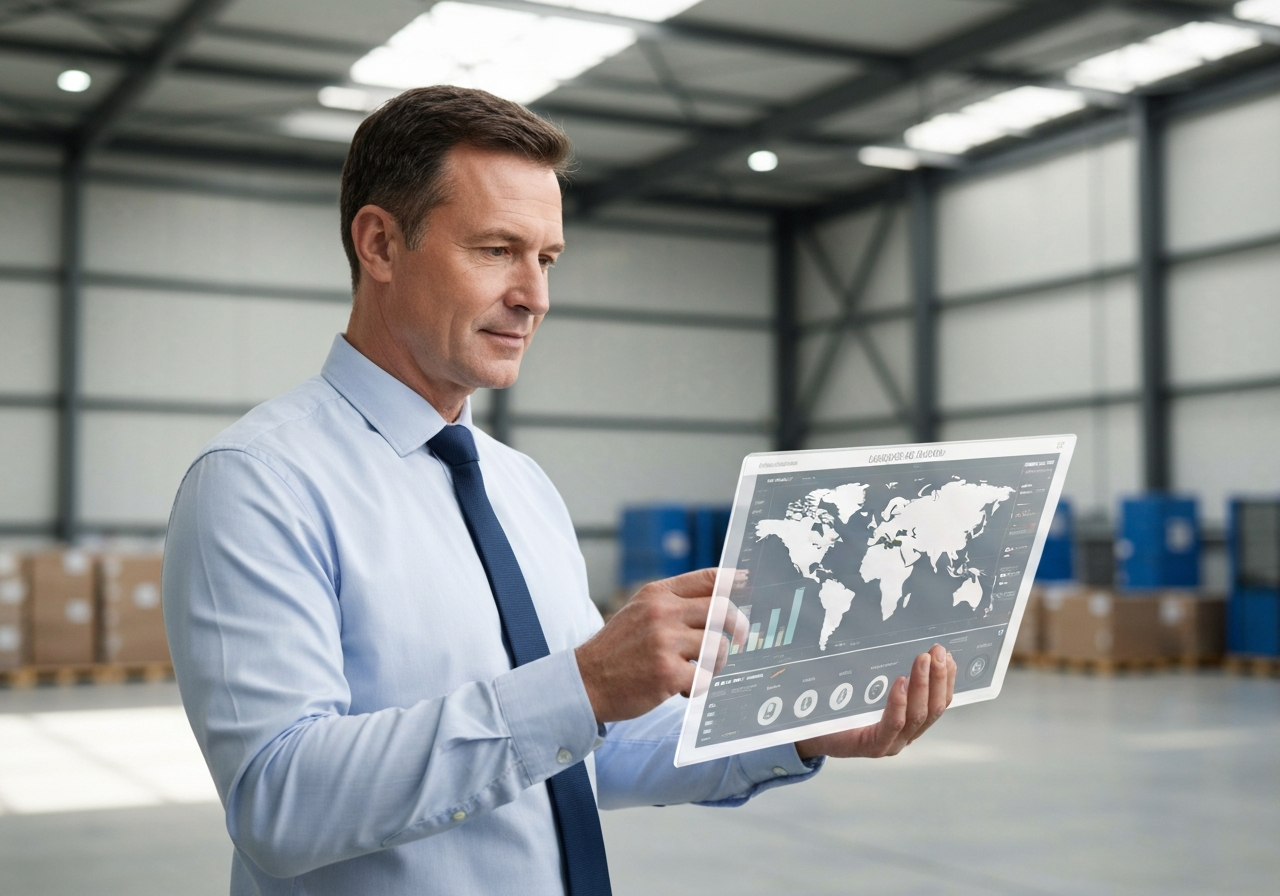 A professional logistics manager reviewing a digital dashboard showing global supply chain flow, modern warehouse background with minimalist aesthetic, soft natural light, premium editorial photography, 85mm lens, highly detailed, no text, no letters