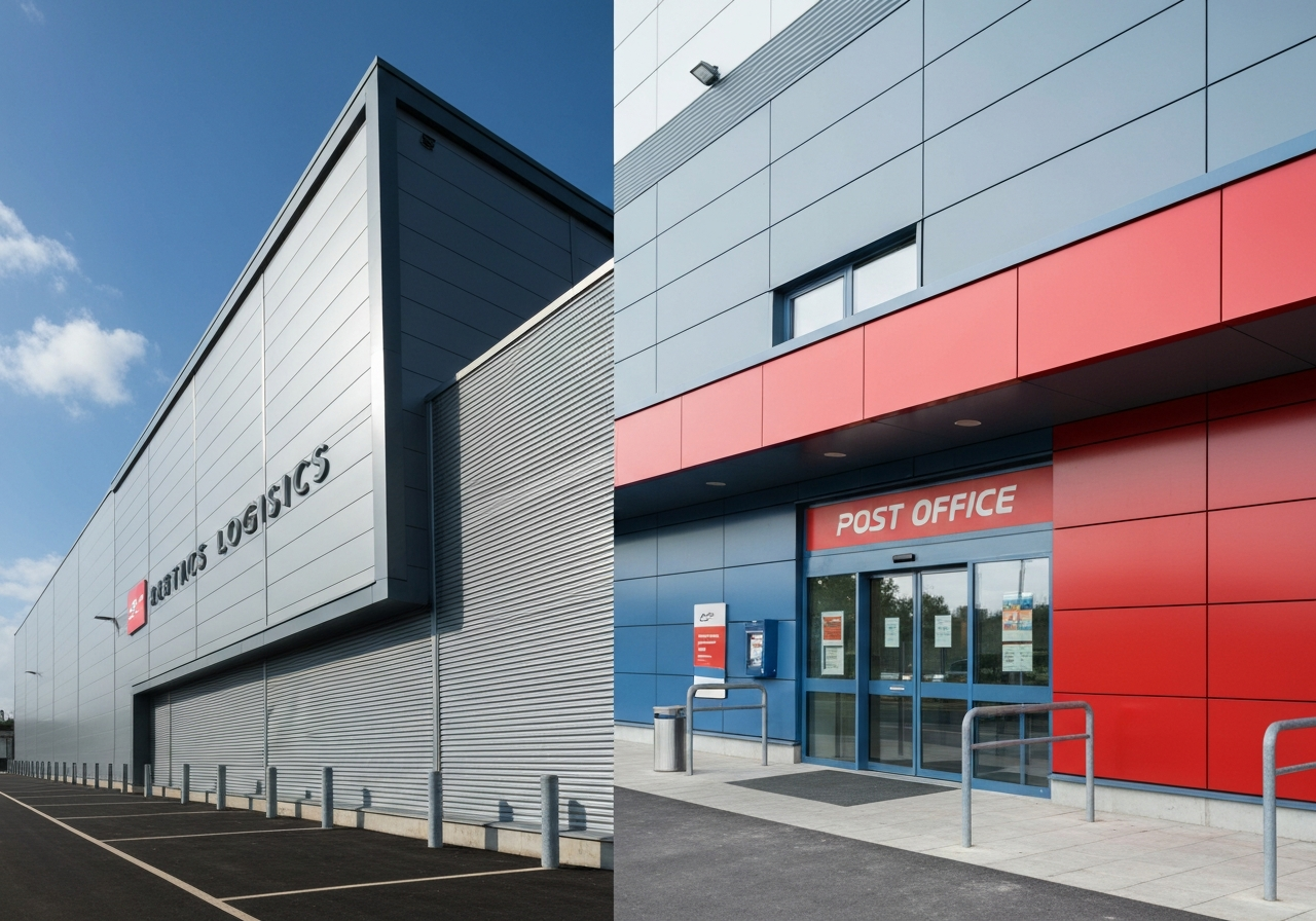 A professional logistics facility exterior contrasting with a customer-facing post office entrance, architectural photography, clean lines, bright daylight, 85mm lens, high resolution, no text, no words, no letters.