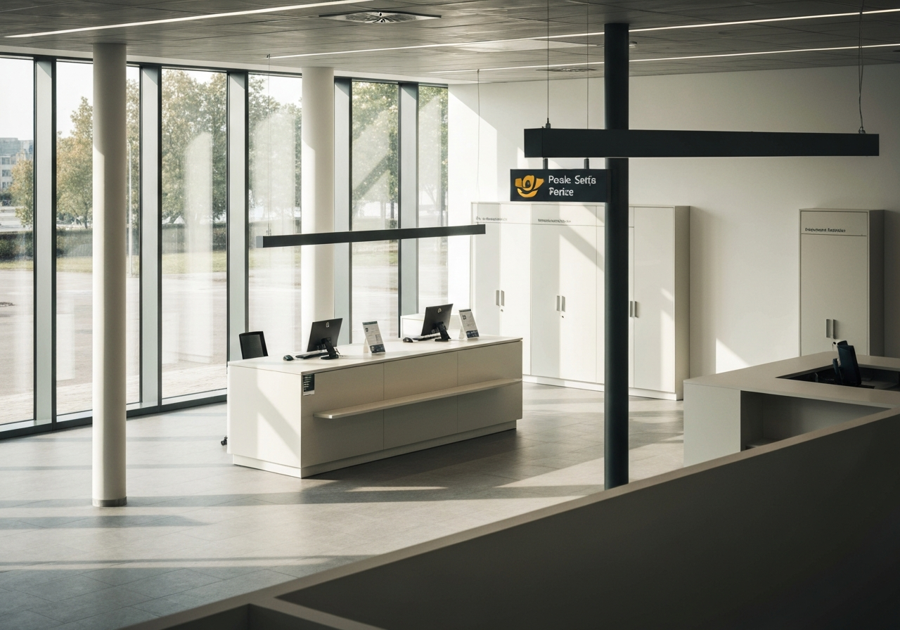 A professional postal service interior in Prague 10, modern clean signage, minimalist desk design, soft natural morning light streaming through windows, 85mm lens, high-end editorial photography, no text, no words, no letters.