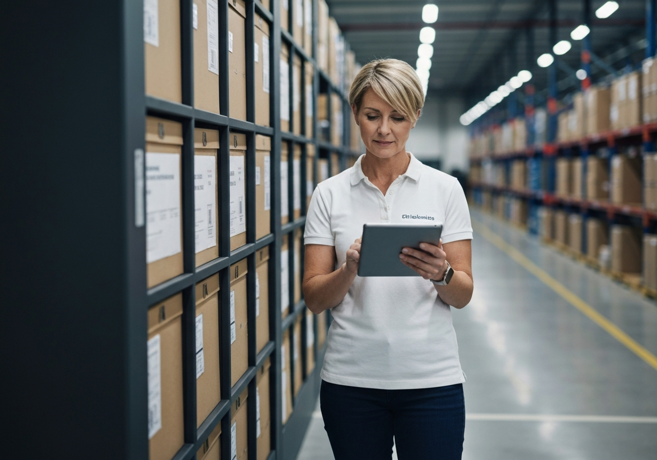 A professional logistics worker using a tablet to manage delivery routes in a modern, organized distribution hub, soft natural light, premium editorial photography, 85mm lens, high detail, no text, no letters