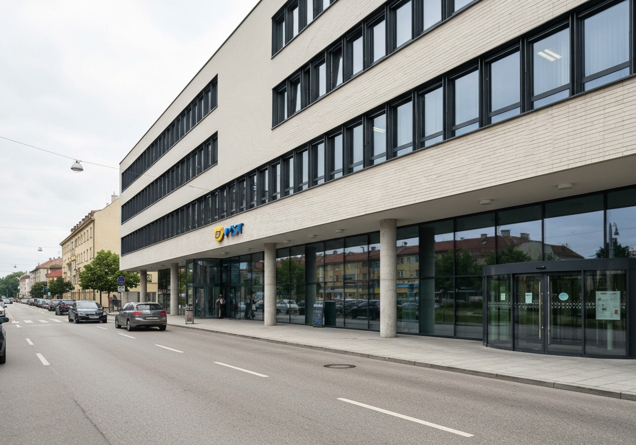Modern facade of a Czech post office building in an urban setting, clean architectural lines, soft natural daylight, 85mm lens, editorial aesthetic, high resolution, no text, no words, no letters