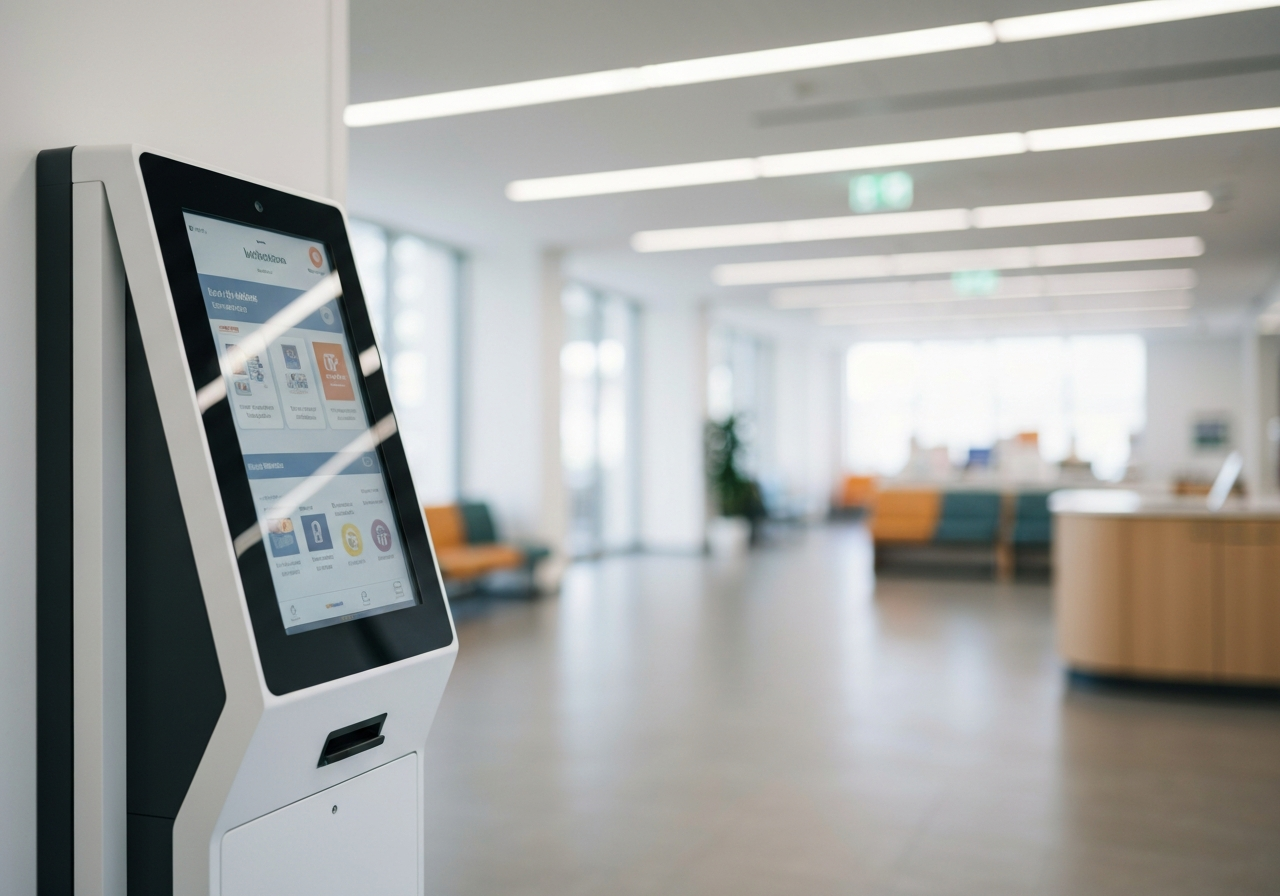 A sleek, modern digital information kiosk inside a bright, minimalist post office lobby, blurred waiting area in the background, professional editorial photography, soft natural lighting, 85mm lens, high resolution, no text, no letters.