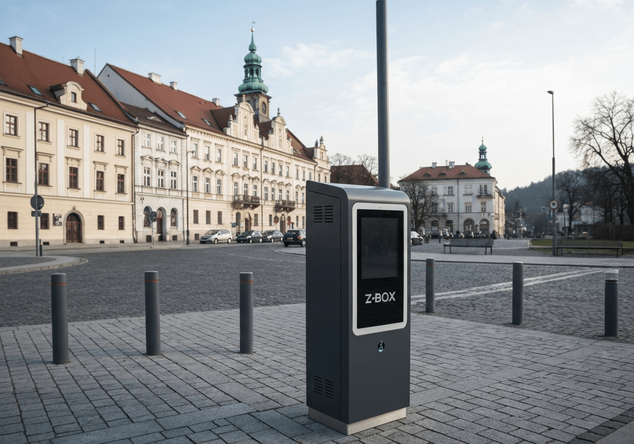 A sleek, modern Z-BOX terminal located in a scenic, clean urban setting in Plzeň, soft natural daylight, cinematic composition, 85mm lens, high resolution, no text, no words, no letters