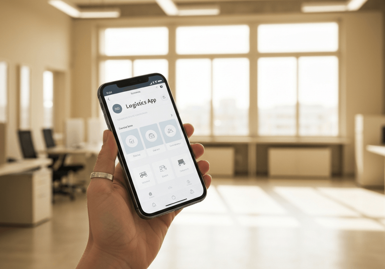 Editorial photography, a modern smartphone showing a logistics app interface held by a hand in a bright, clean office setting, soft natural light, 85mm lens, highly detailed, no text, no words, no letters