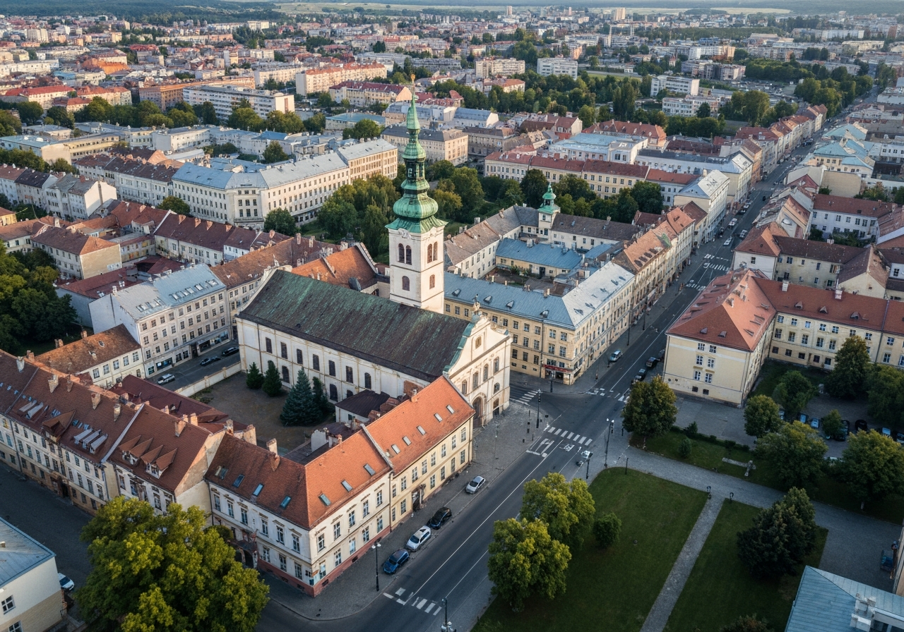 Aerial view of Havlíčkův Brod city center, historical architecture mixed with modern infrastructure, clean urban layout, soft natural morning light, cinematic editorial style, 85mm lens, highly detailed, no text, no letters.