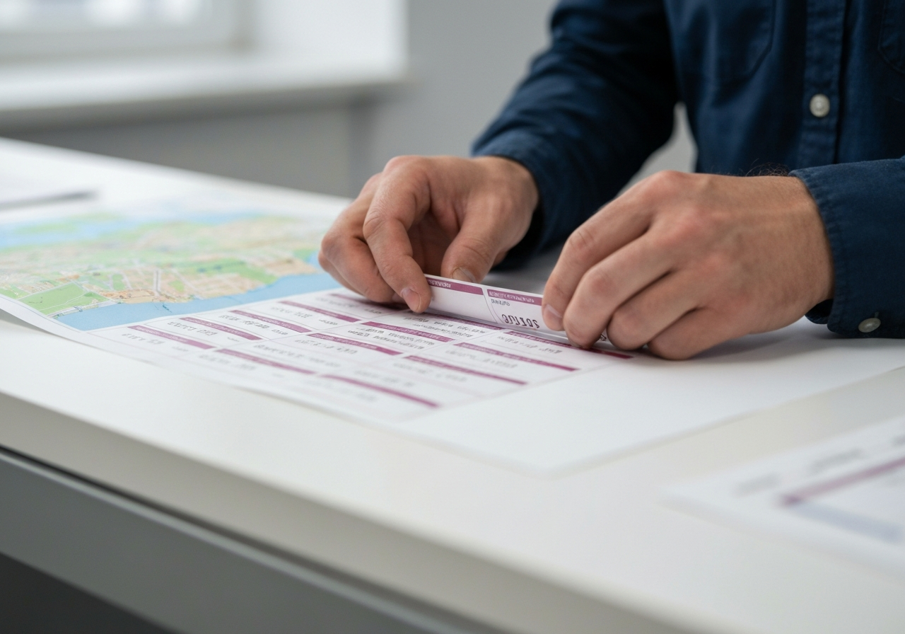 Close-up of a professional logistics worker's hands sorting organized address labels on a clean, white modern sorting table, blurred city map in the background, professional editorial photography, soft natural lighting, 85mm lens, high resolution, no text, no letters
