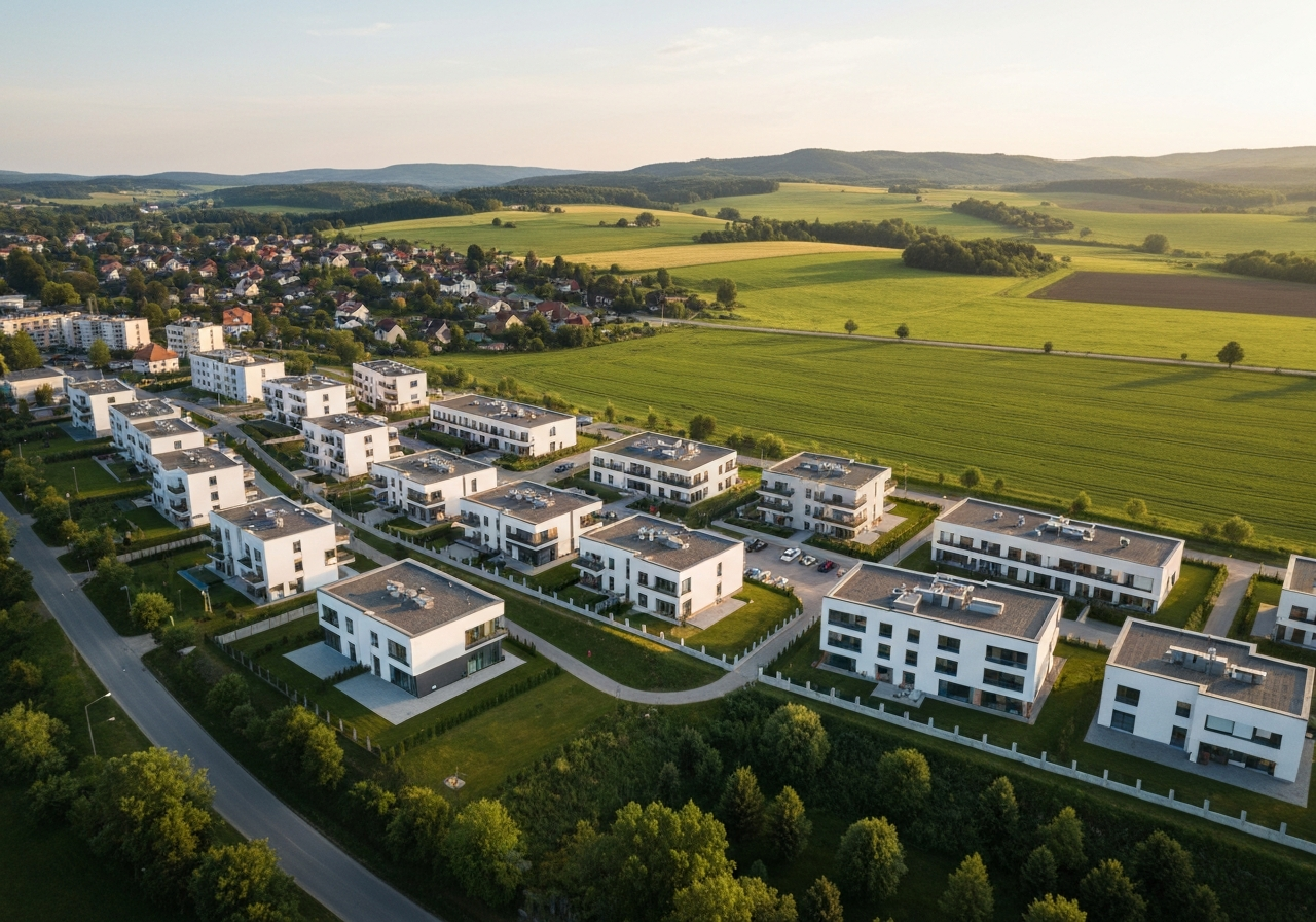 Aerial view of a clean, modern town landscape in the South Moravian region, rolling fields in the background, soft golden hour natural light, cinematic composition, 85mm lens, high resolution, no text, no words, no letters