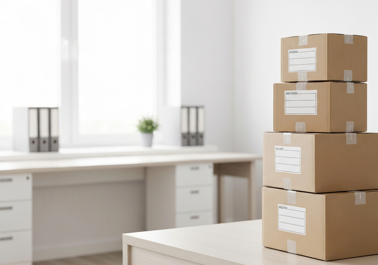 A professional parcel delivery service setting with clean, minimalist aesthetic, a neat stack of cardboard boxes with clear address labels, bright modern office background, soft natural lighting, 85mm lens, high quality editorial photography, no text, no words, no letters.
