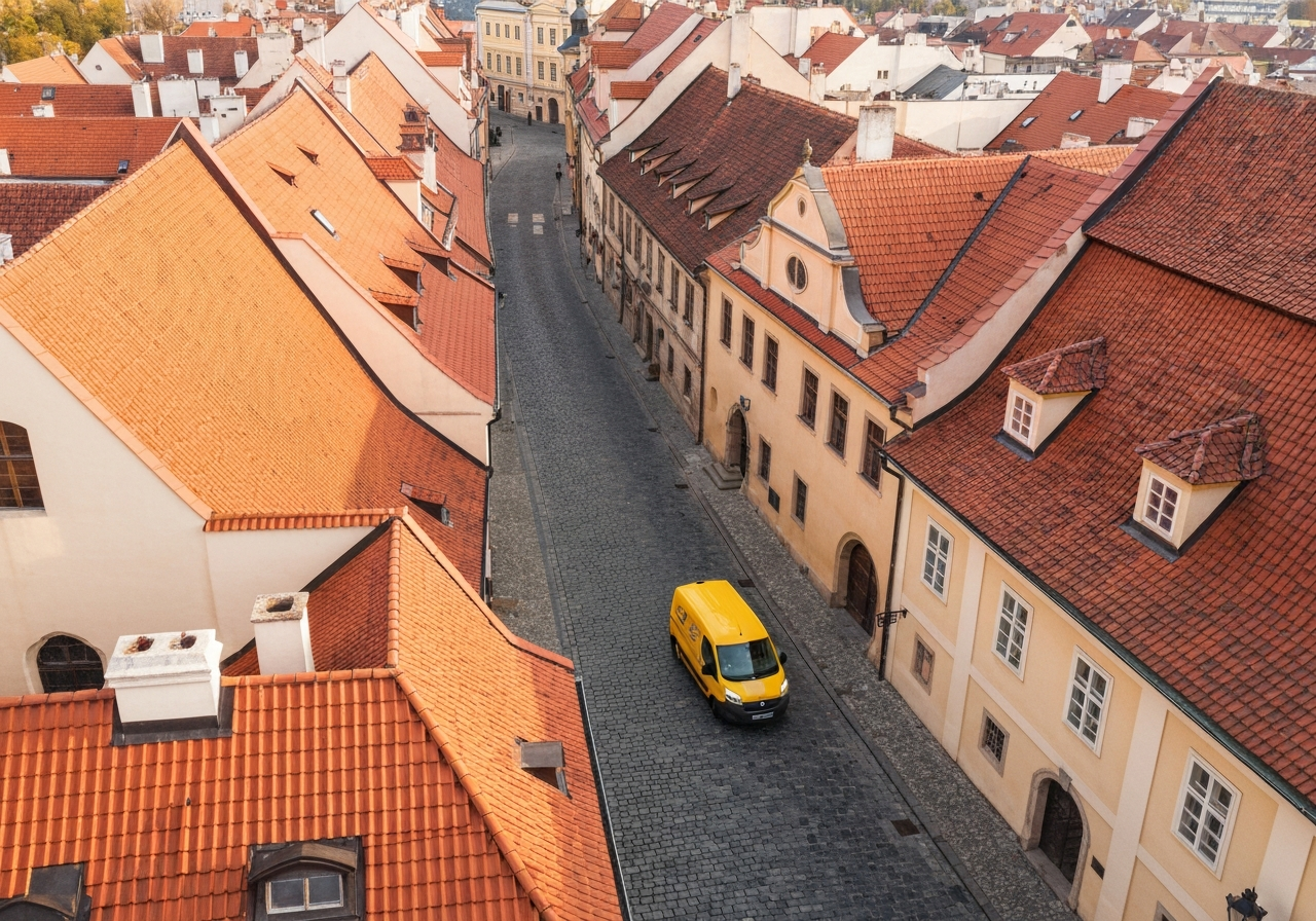 Aerial view of the historical center of Jindřichův Hradec with red roofs, modern postal delivery van driving on a cobblestone street, soft natural light, 85mm lens, high resolution, no text, no letters