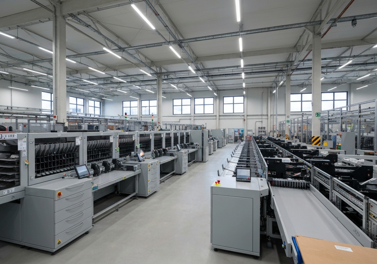 Editorial photography, modern postal sorting facility interior, Jindrichuv Hradec region, professional logistics equipment, soft natural light, clean aesthetics, 85mm lens, high resolution, no text, no words, no letters