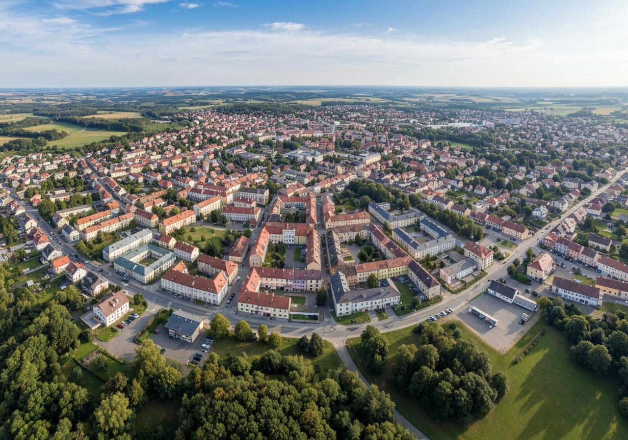 Aerial view of the town of Nýřany, Czech Republic, showcasing urban planning and surroundings, modern editorial photography, soft natural light, 85mm lens, high resolution, no text, no letters