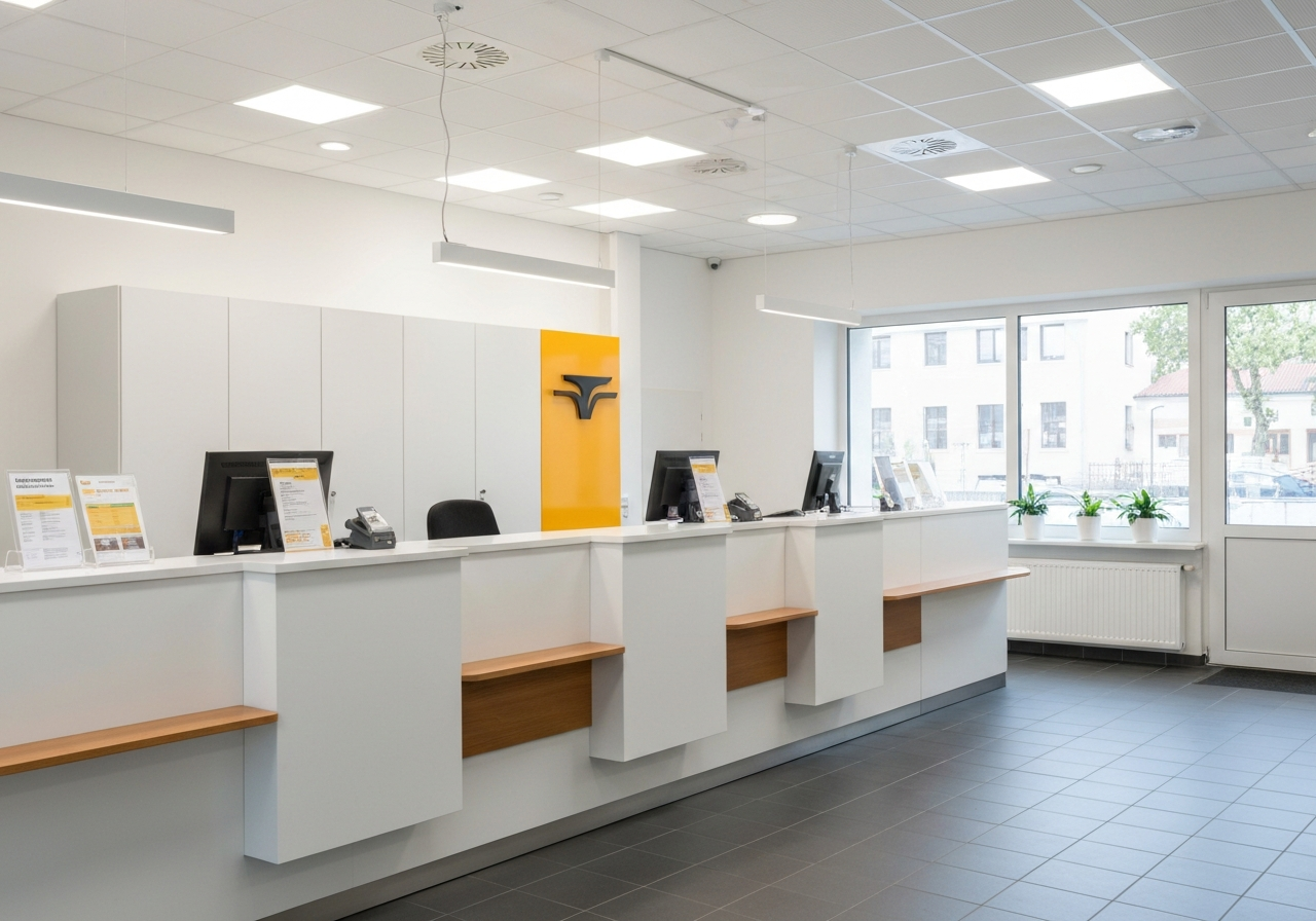 A clean, modern Czech post office interior in Nýřany, focus on customer service desk and professional atmosphere, editorial photography, soft natural light, 85mm lens, high quality, no text, no words, no letters