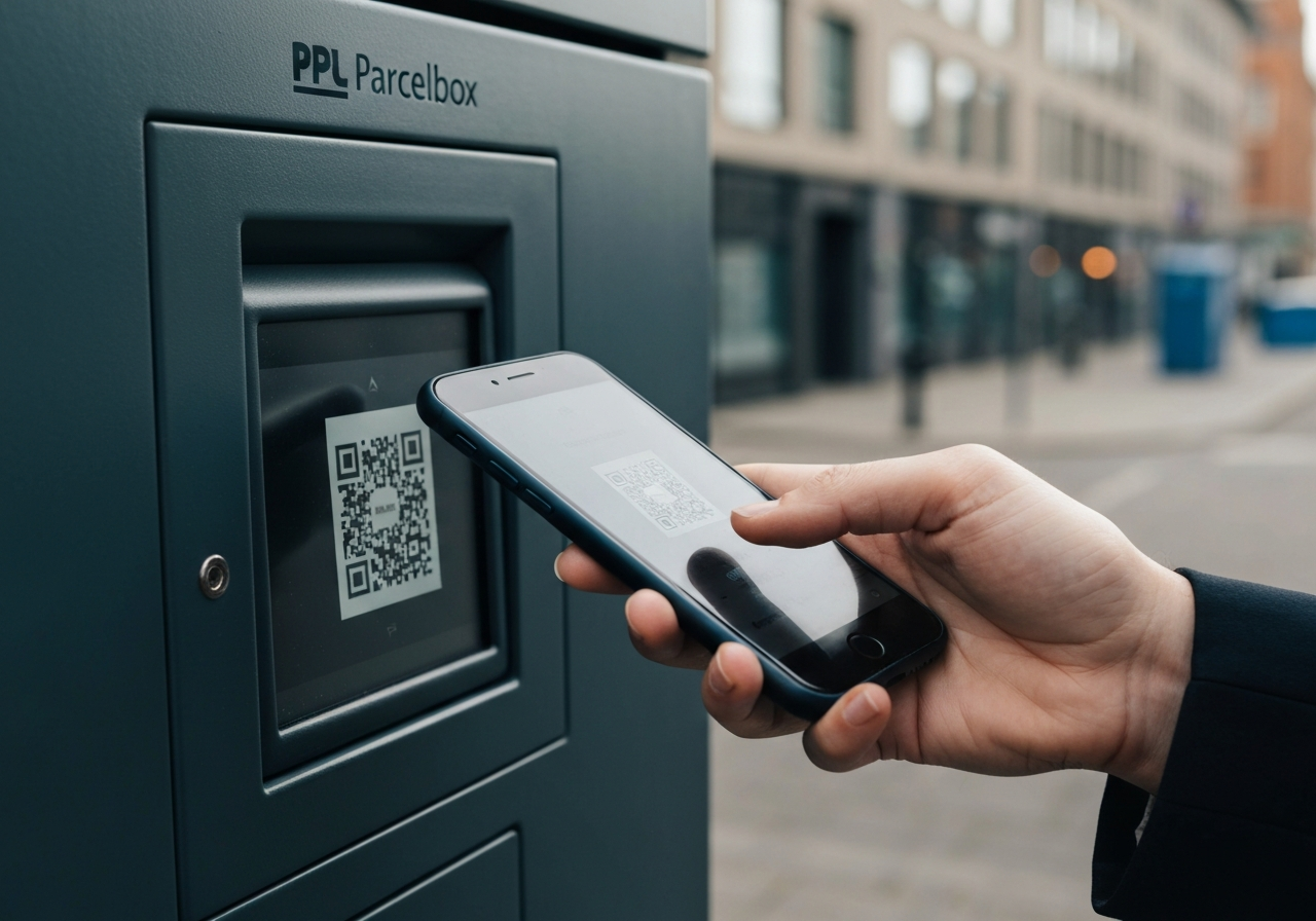 A close-up of a person's hand holding a smartphone scanning a QR code on a sleek, modern PPL Parcelbox screen, urban setting, soft natural light, professional editorial photography, 85mm lens, high focus, no text, no letters, no labels.