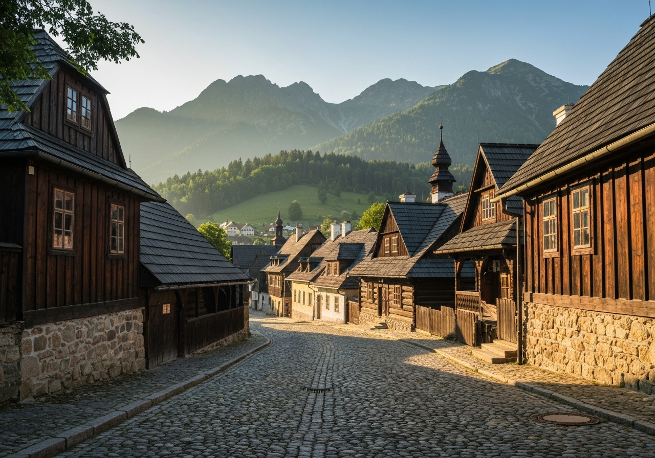 A scenic view of the historic wooden town architecture in Roznov pod Radhostem, Beskydy mountains in the background, soft morning sunlight, editorial style, premium quality, 85mm lens, no text, no words, no letters