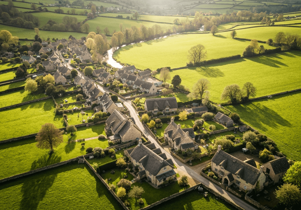 Okříšky PSČ: Zjistěte ho rychle (za 5 sekund) 2 Aerial wide shot of the village Okříšky nestled in the lush rolling landscape of the Vysočina region, characterized by traditional houses, a prominent church spire, and surrounding verdant fields, editorial style, soft natural morning light, 85mm lens, high resolution, no text, no letters