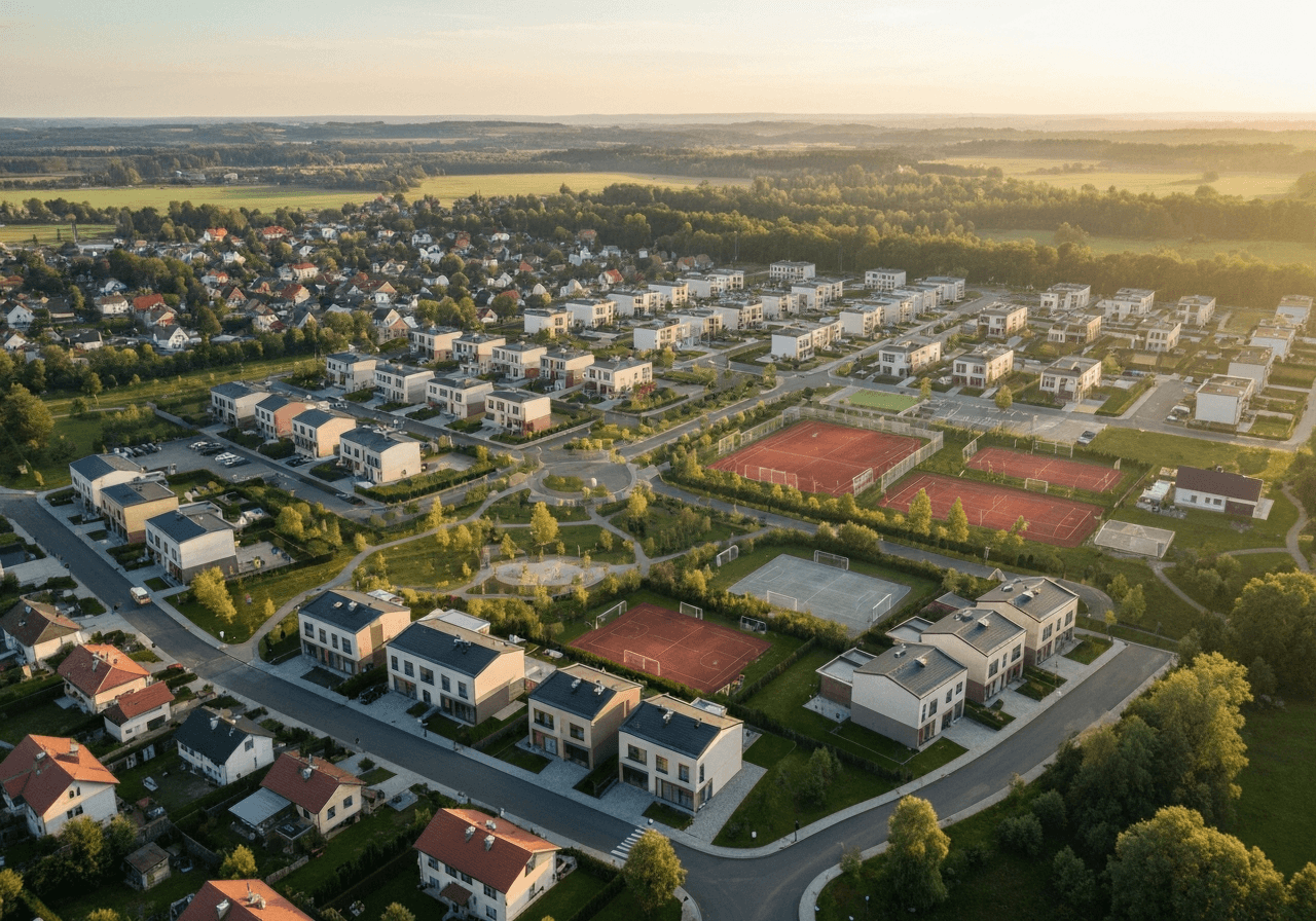 Okříšky PSČ: Zjistěte ho rychle (za 5 sekund) 3 Aerial view of a modern Czech village layout with green parks and community sports facilities, clean aesthetic, morning golden hour lighting, 85mm lens, high resolution, professional architectural photography, no text, no words, no letters