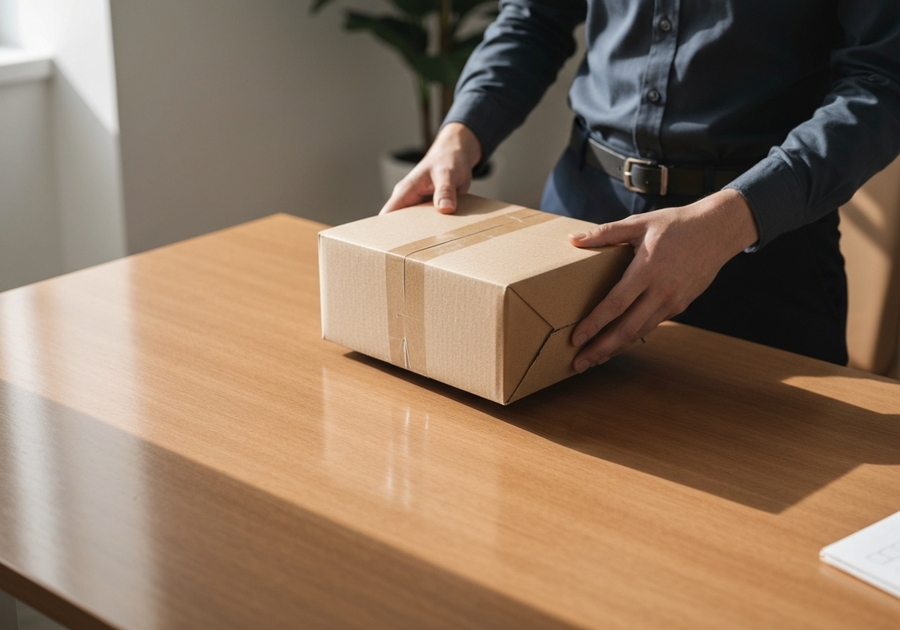 A professional parcel being handled on a clean wooden desk, minimalist postal aesthetics, soft natural light, editorial photography, 85mm lens, no text, no words, no letters