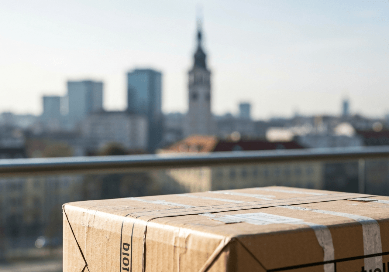 A close-up, high-quality editorial shot of a parcel delivery box in a modern urban environment, blurred Jičín cityscape in the background, soft natural sunlight, 85mm lens, minimalist and clean aesthetic, no text, no words, no letters.