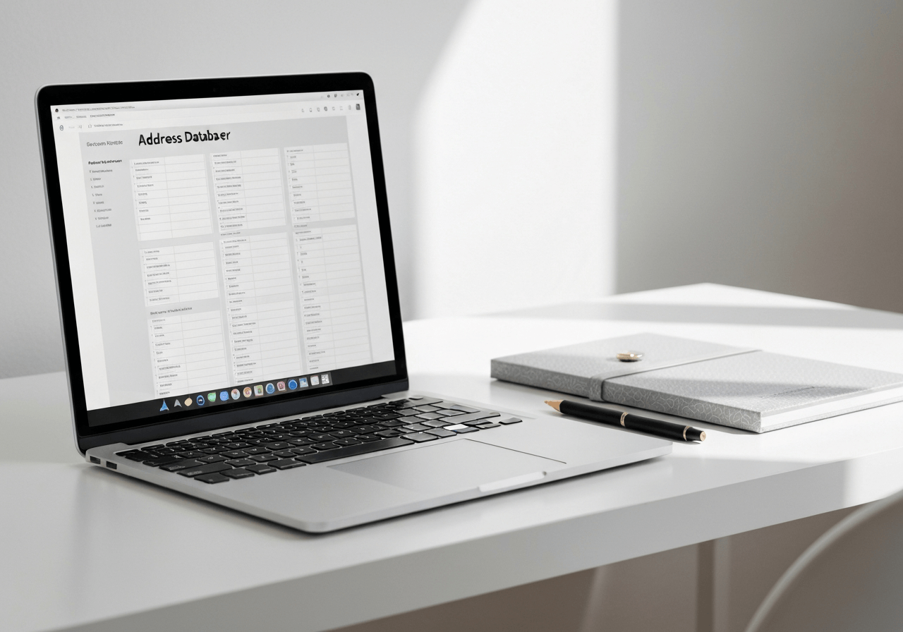 A professional, clean desktop workspace featuring a modern laptop screen displaying a digital address database, high-end stationery, minimalist aesthetic, soft natural light, 85mm lens, depth of field, premium editorial style, no text, no words, no letters.