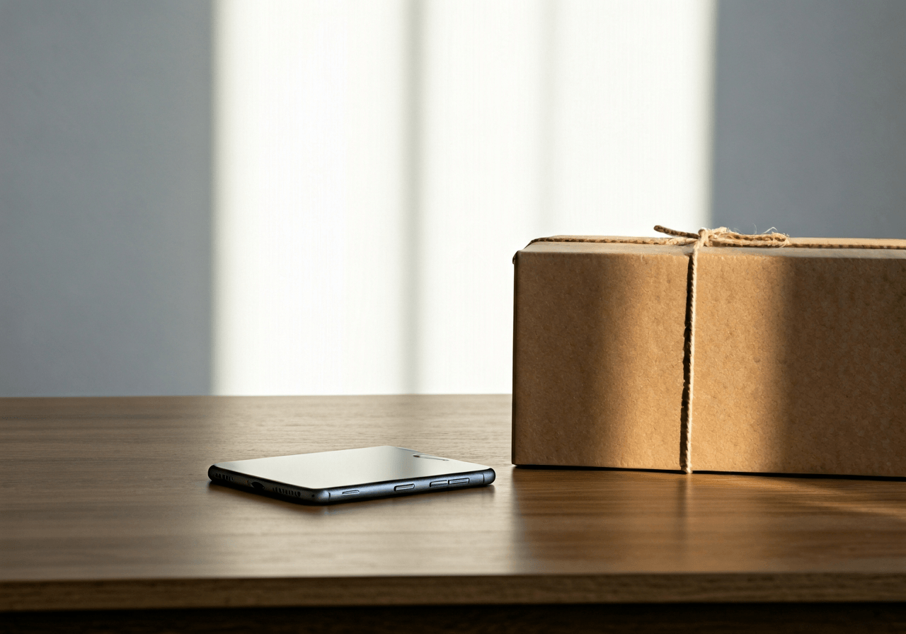 Editorial photography, a clean modern desk workspace with a smartphone and a neatly wrapped parcel, soft natural morning light, high-end lifestyle aesthetic, 85mm lens, sharp focus, no text, no words, no letters