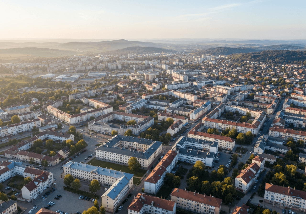 Aerial view of Litvinov city landscape, showcasing urban structure and surrounding hills, editorial photography, clean architectural aesthetic, soft morning light, 85mm lens, high resolution, no text, no letters