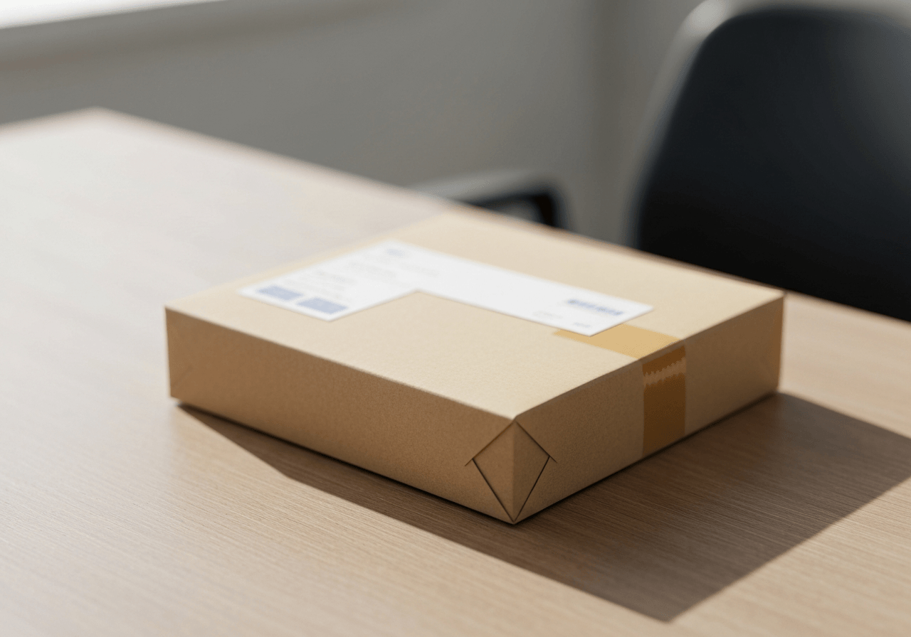 A close-up of a neatly addressed parcel on a wooden desk, professional mail handling environment, soft natural light, 85mm lens, minimalist and clean aesthetic, high resolution, no text, no words, no letters