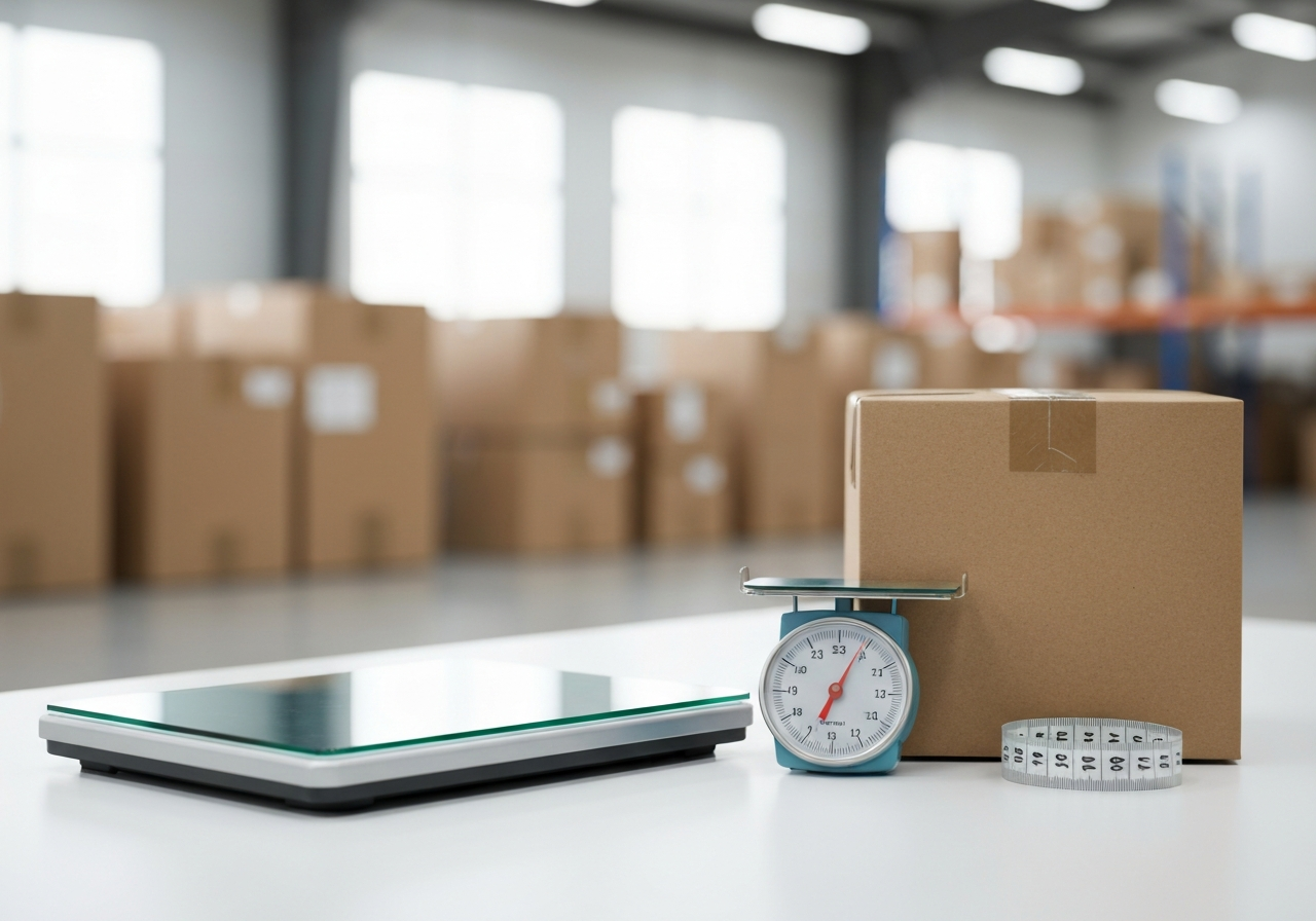 A professional warehouse environment showing a scale and measuring tape next to a cardboard parcel, clean minimalist aesthetic, soft natural light, shallow depth of field, 85mm lens, high-end editorial logistics style, no text, no letters.
