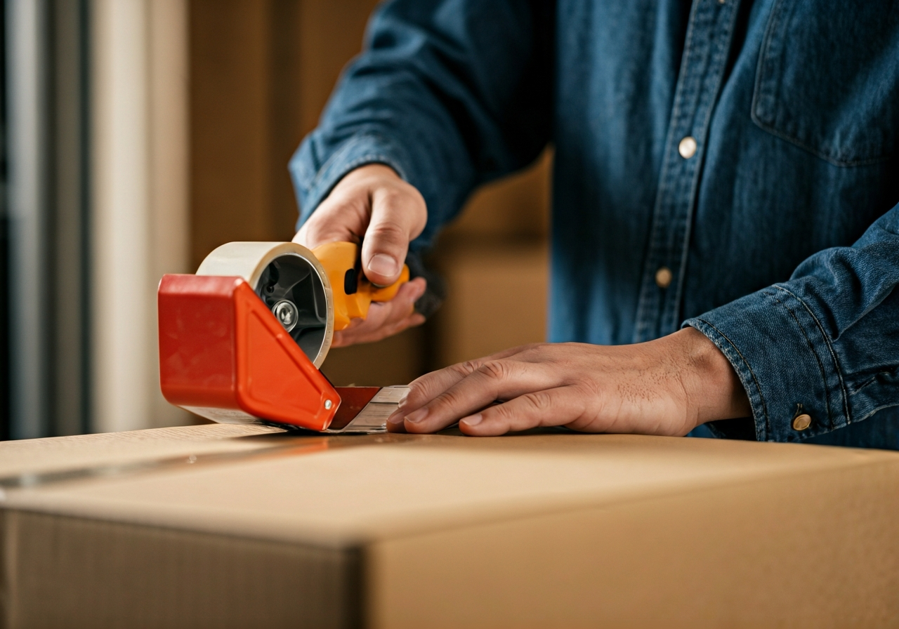 A professional logistics worker sealing a cardboard box using the H-taping method with a high-quality packing tape dispenser, clean modern warehouse background, editorial photography, soft natural light, 85mm lens, depth of field, no text, no words, no letters.