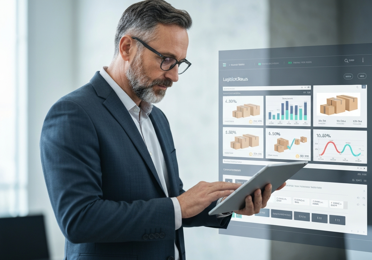 A professional logistics manager using a sleek digital tablet to track multiple package statuses on a high-tech dashboard, modern minimalist office, professional editorial photography, soft natural lighting, 85mm lens, high resolution, no text, no letters.