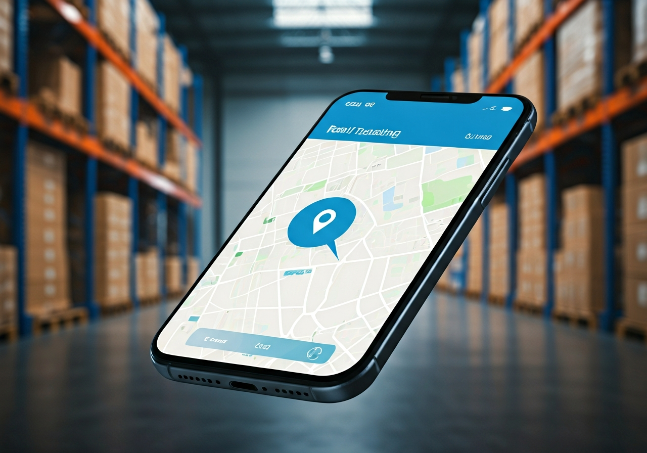 A close-up of a high-tech smartphone screen displaying a real-time parcel tracking map interface, blurred modern logistics warehouse background, soft cinematic lighting, premium editorial style, 85mm lens, no text, no words, no letters.