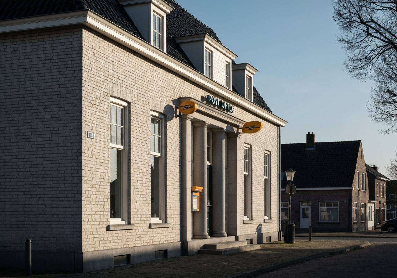 Exterior view of a classic post office building facade in a small European town, clean brick architecture, sunlight casting soft shadows, editorial photography style, 85mm lens, high resolution, no text, no letters