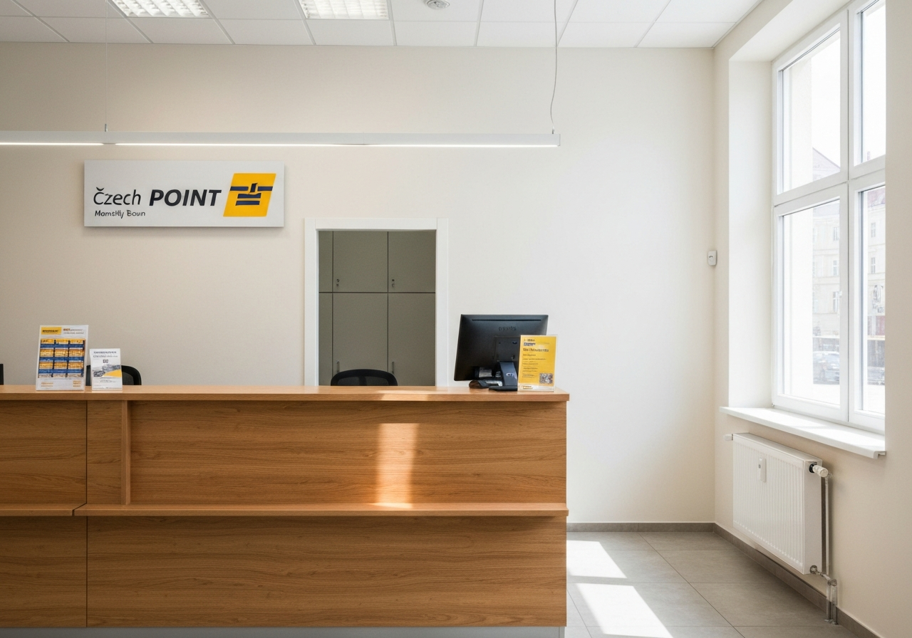 A professional, modern post office interior in Moravsky Beroun, bright clean atmosphere, wooden counter with signage for Czech POINT, editorial photography, 85mm lens, soft natural lighting, no text, no words, no letters