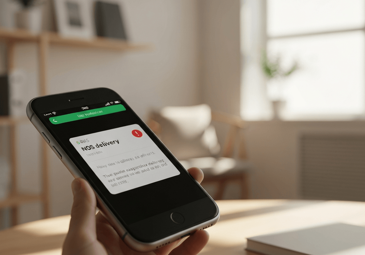 A close-up shot of a modern smartphone screen displaying a suspicious SMS notification about a delivery, blurred background of a minimalist clean home office, soft natural light, premium editorial aesthetic, 85mm lens, no text, no words, no letters.