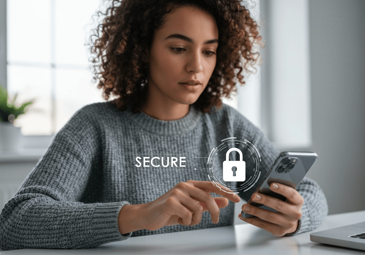 A professional person using a secure smartphone with a digital padlock icon holographic overlay, clean modern home office environment, editorial photography, soft natural light, 85mm lens, highly detailed, no text, no letters