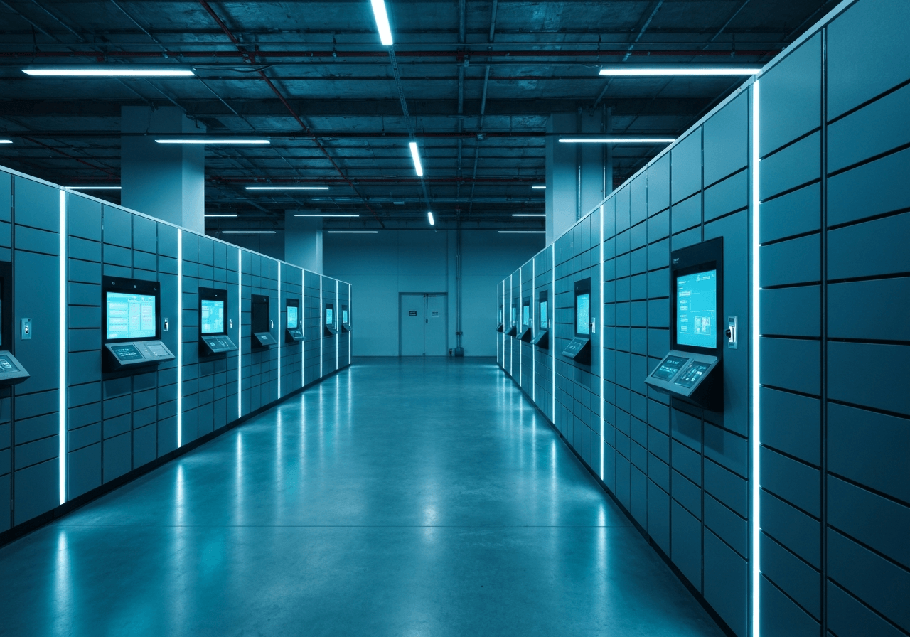 A high-tech automated logistics warehouse interior with glowing smart locker interfaces and sleek, minimalist design, ultra-modern, cinematic lighting, shallow depth of field, 85mm lens, high quality, no text, no words