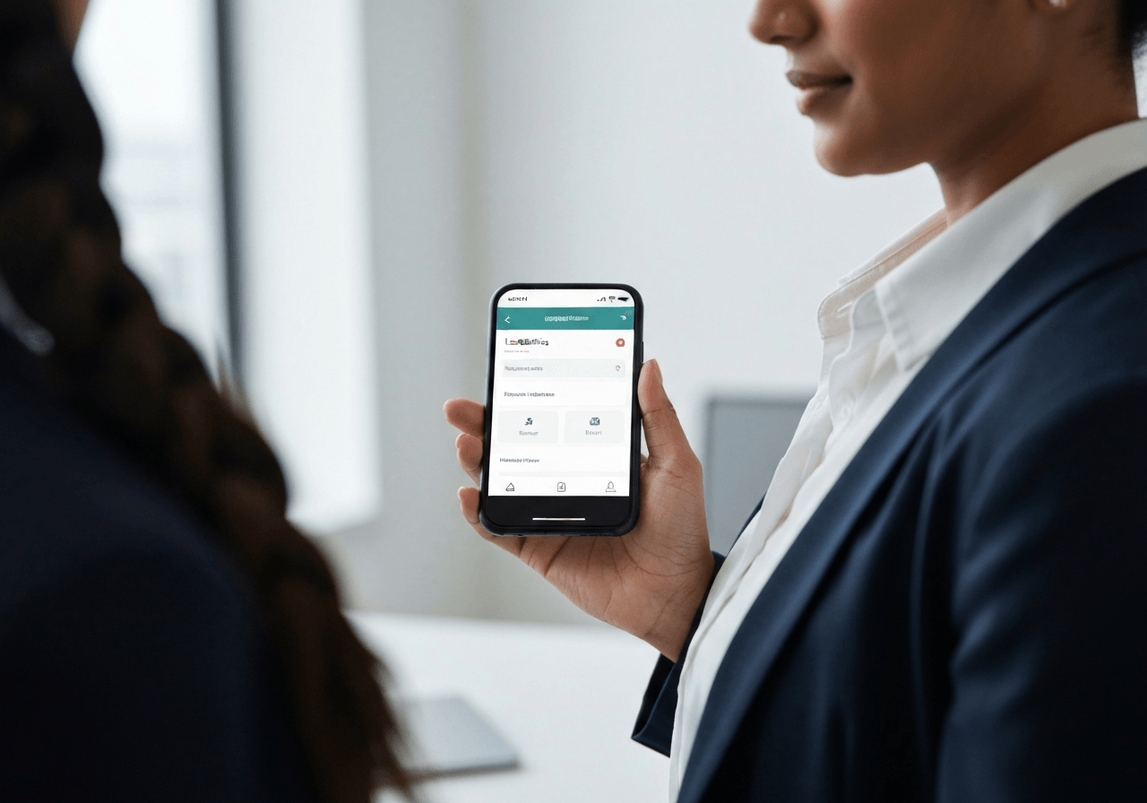 Close-up of a person holding a modern smartphone showing a logistics app interface, bright and clean minimalist office background, editorial style photography, soft natural light, 85mm lens, high resolution, no text, no letters