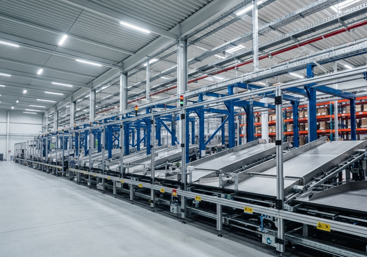 A professional logistics facility in Břeclav with modern sorting equipment and clean industrial aesthetic, soft natural daylight, 85mm lens, high quality, professional editorial style, no text, no words, no letters