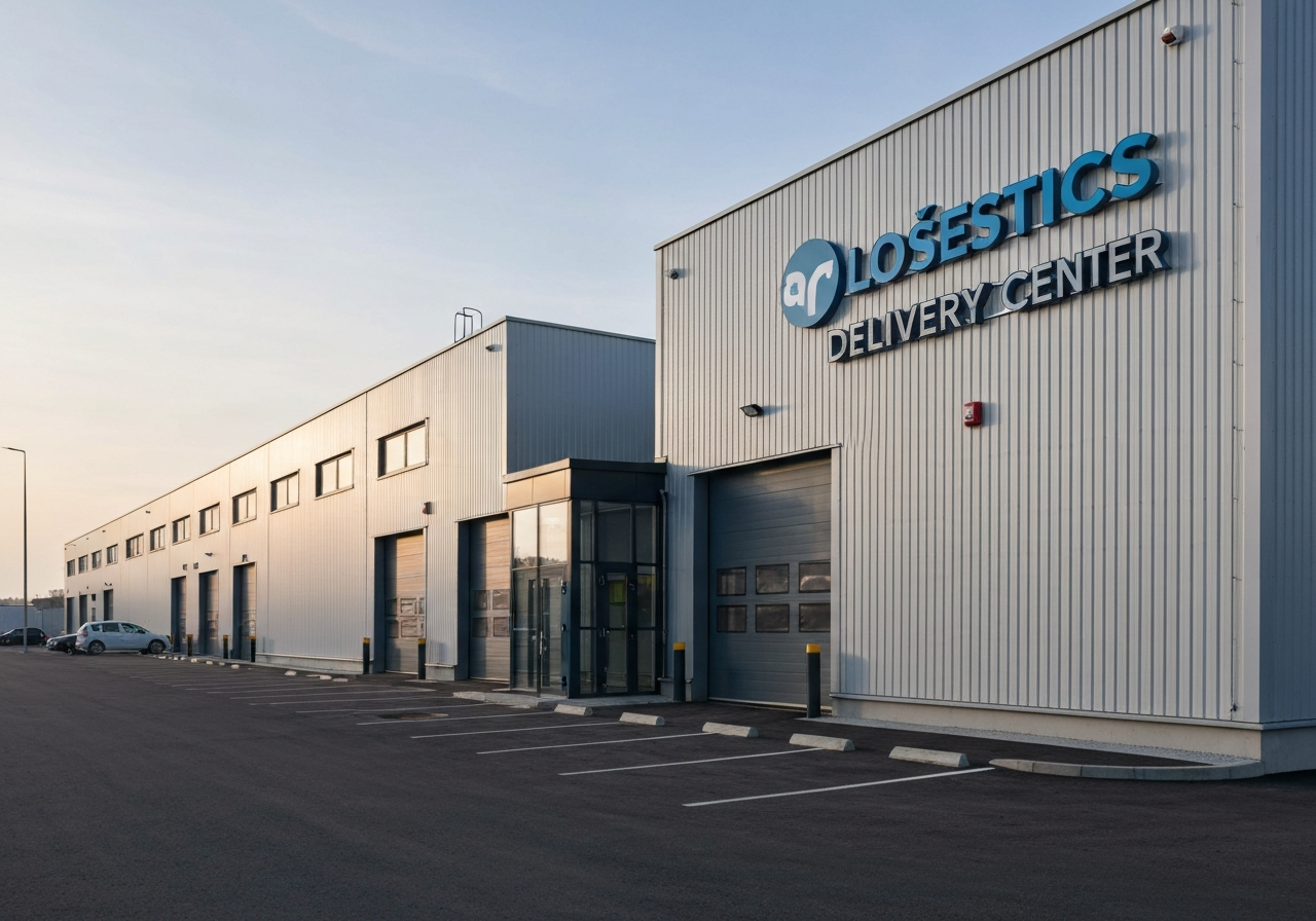 A professional logistics delivery center exterior in Břeclav, modern architecture, clear signage, editorial photography, soft natural morning light, depth of field, 85mm lens, high resolution, no text, no words, no letters