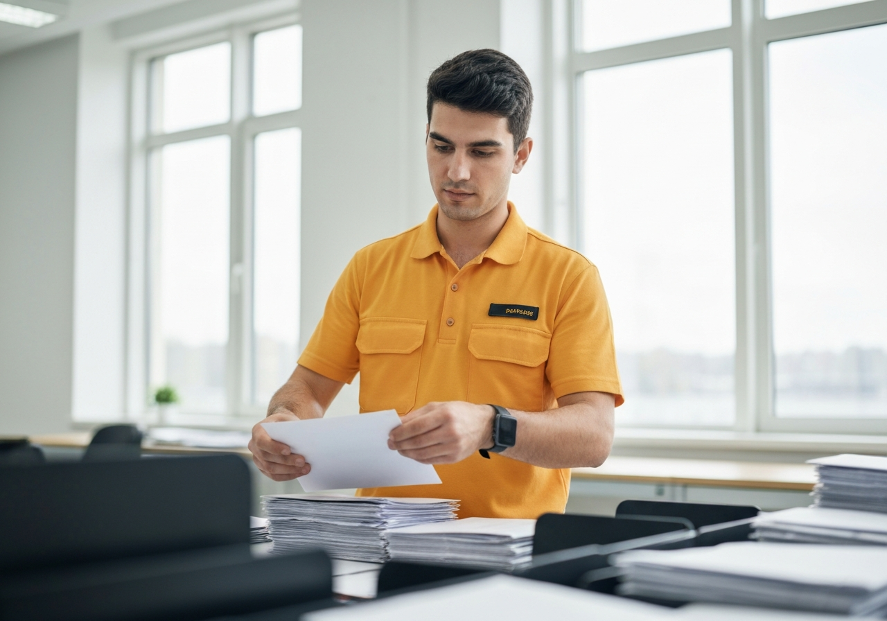 A professional postal worker sorting mail in a modern, organized regional distribution center in Karviná, clean and airy office environment, soft natural light, 85mm lens, depth of field, premium editorial quality, no text, no letters.