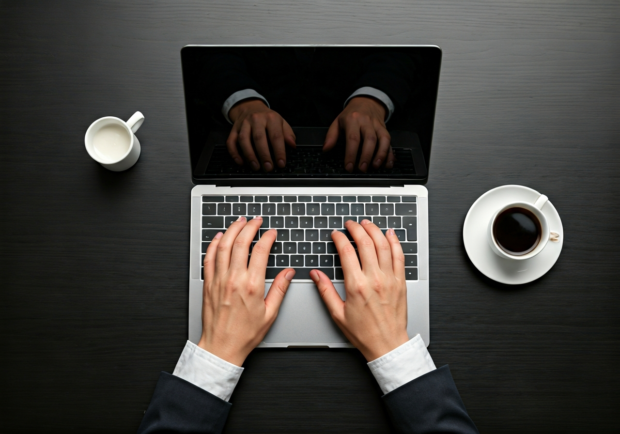 A professional hands typing on a modern laptop keyboard next to an official envelope and a cup of coffee, clean desk environment, soft natural light, premium editorial photography, 85mm lens, no text, no letters