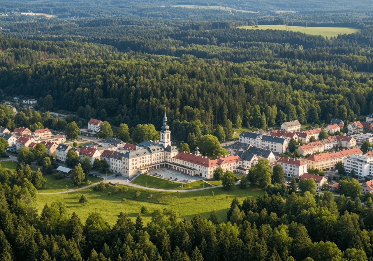 Aerial wide shot of the spa town Klimkovice surrounded by lush green forests in the Moravian-Silesian region, vibrant natural landscape, editorial photography, soft natural light, 85mm lens, highly detailed, no text, no letters