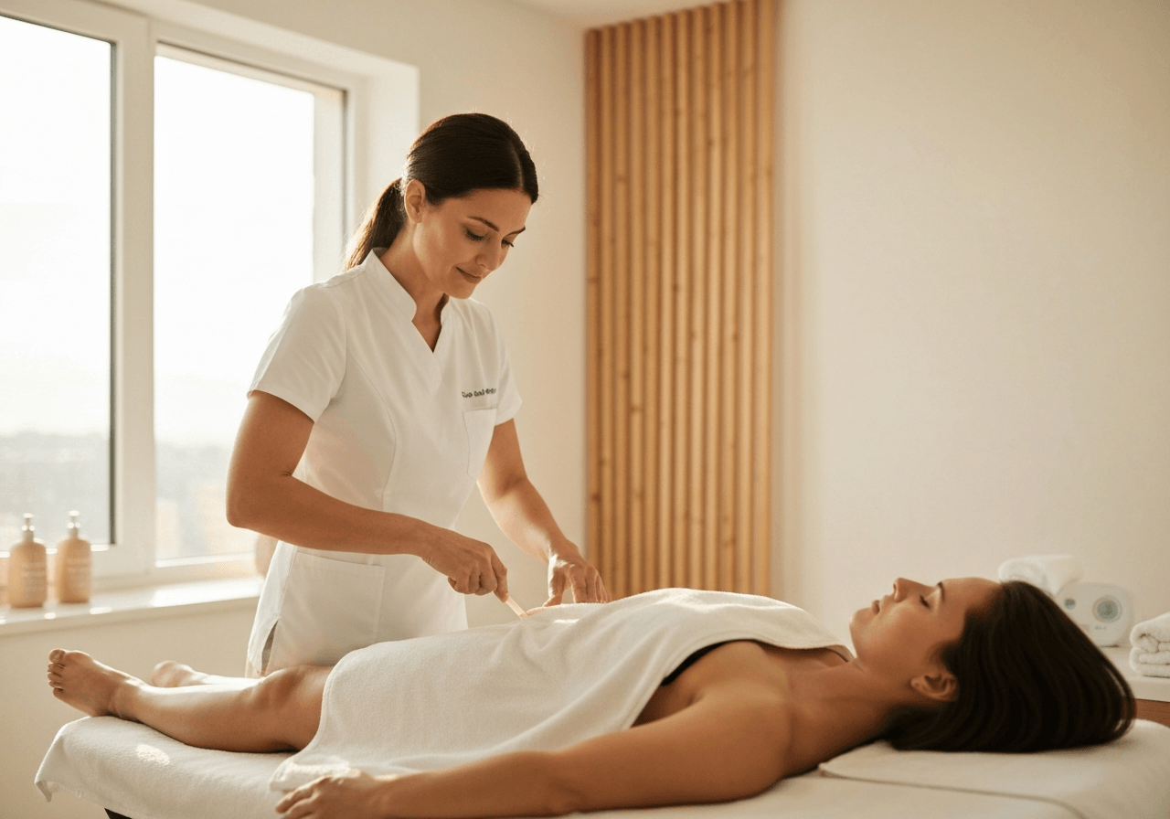 A professional physiotherapist performing a therapeutic procedure on a patient in a modern, serene spa clinic, clean minimalist environment, soft natural morning light, editorial photography, 85mm lens, high quality, no text, no letters.