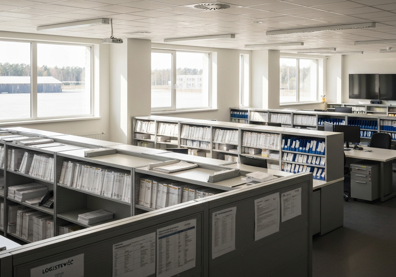 A high-angle editorial shot of a modern Czech post office sorting facility in Otrokovice, clean workspace with organized logistics documentation, soft natural daylight streaming through windows, professional architectural photography, 85mm lens, high detail, no text, no letters