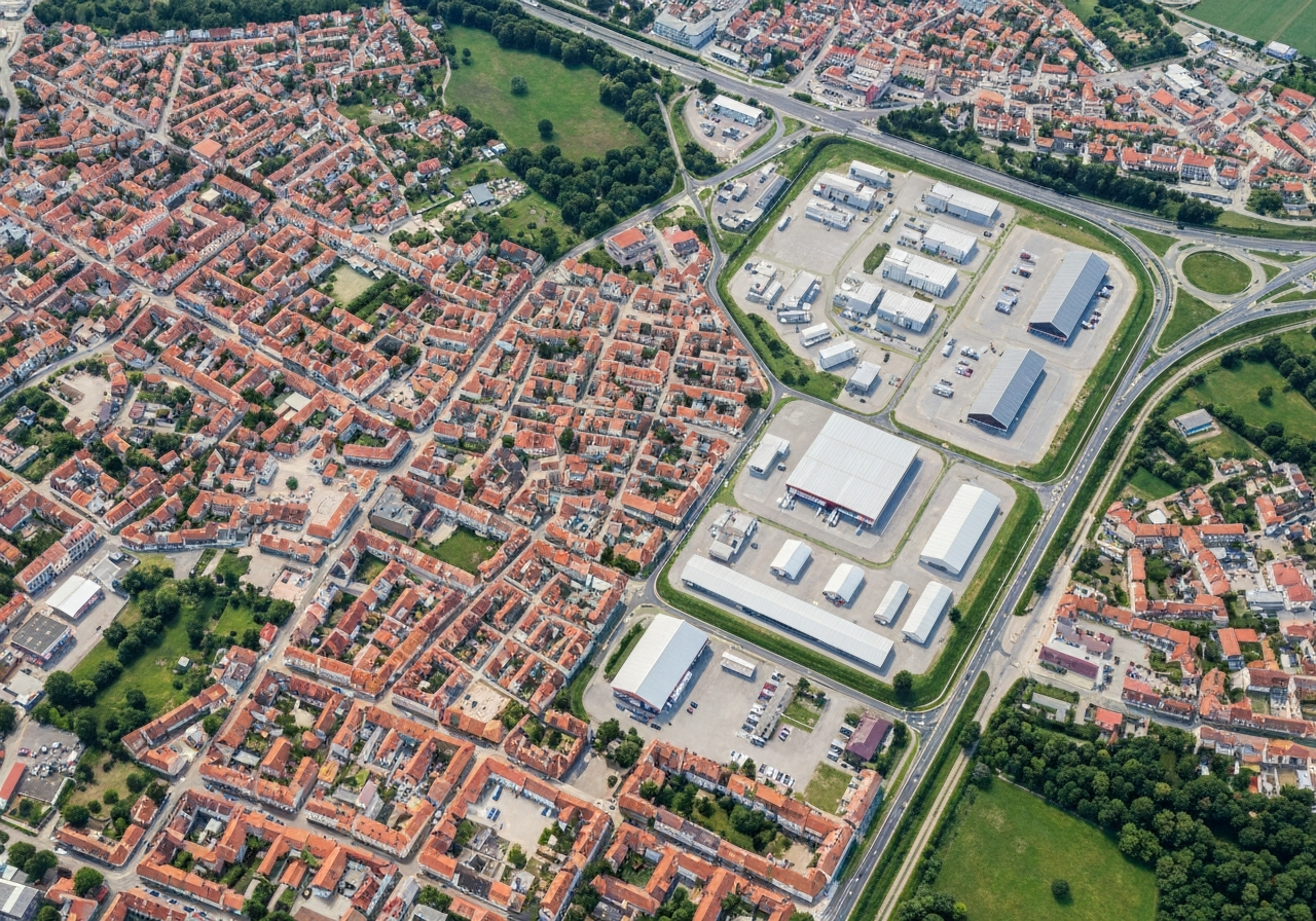 A high-angle top-down view of a modern logistics map overlaying a structured city grid in Otrokovice, clean minimalist aesthetic, professional cartography design, soft diffused daylight, 85mm lens, high resolution, no text, no letters.