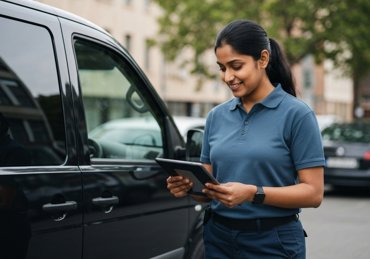 A professional courier driver checking a digital tablet near a modern delivery van, urban street setting, soft natural light, premium editorial style, shallow depth of field, 85mm lens, no text, no words, no letters