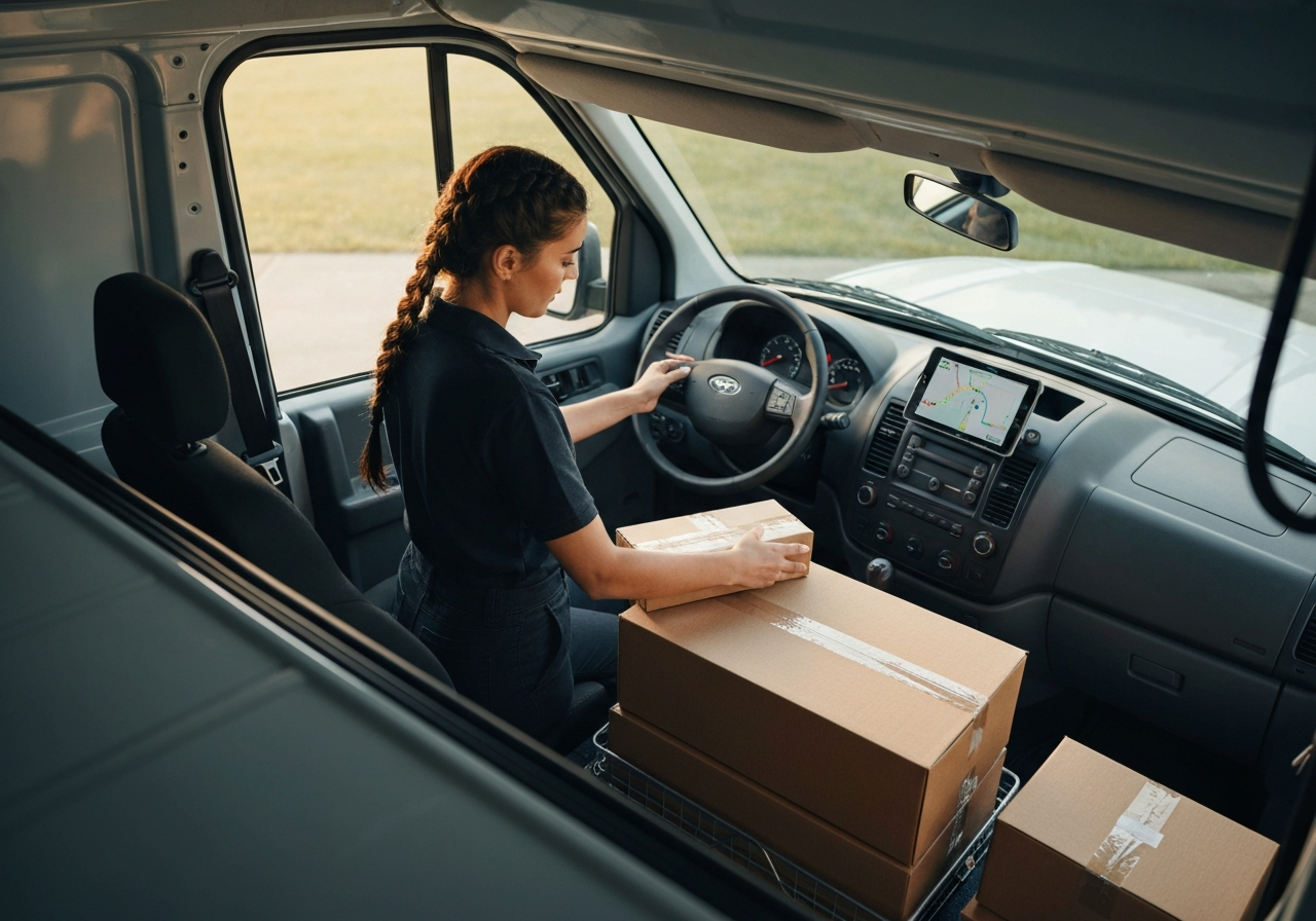 A professional courier organizing packages inside a modern, clean delivery van, aerial view of a digital routing tablet, high-end editorial photography, natural morning light streaming through the door, 85mm lens, sharp focus, cinematic depth of field, no text, no letters