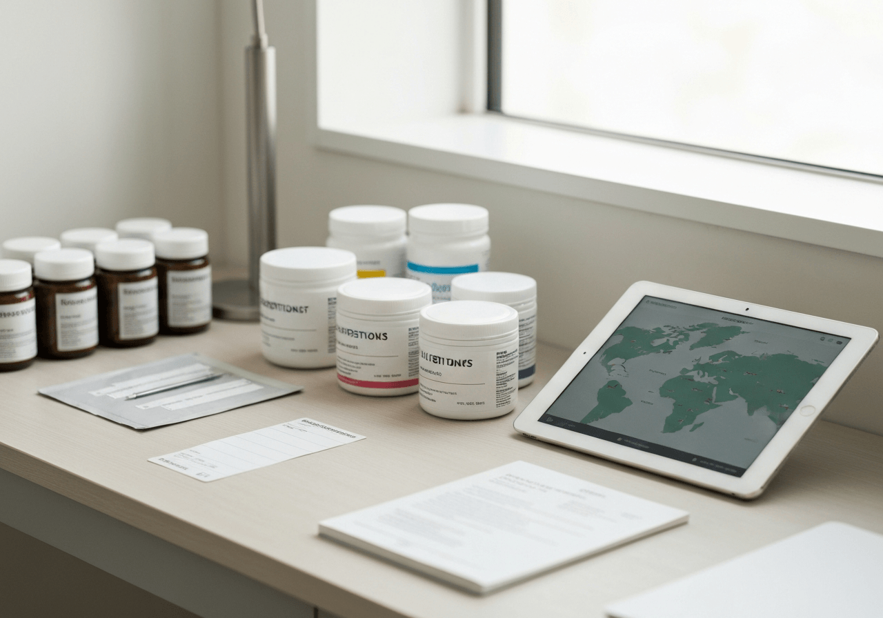 A professional nutritionist workspace with organized supplement containers, shipping labels, and a digital tablet showing a logistics map, clean modern aesthetic, soft natural light, 85mm lens, high quality, no text, no words, no letters.