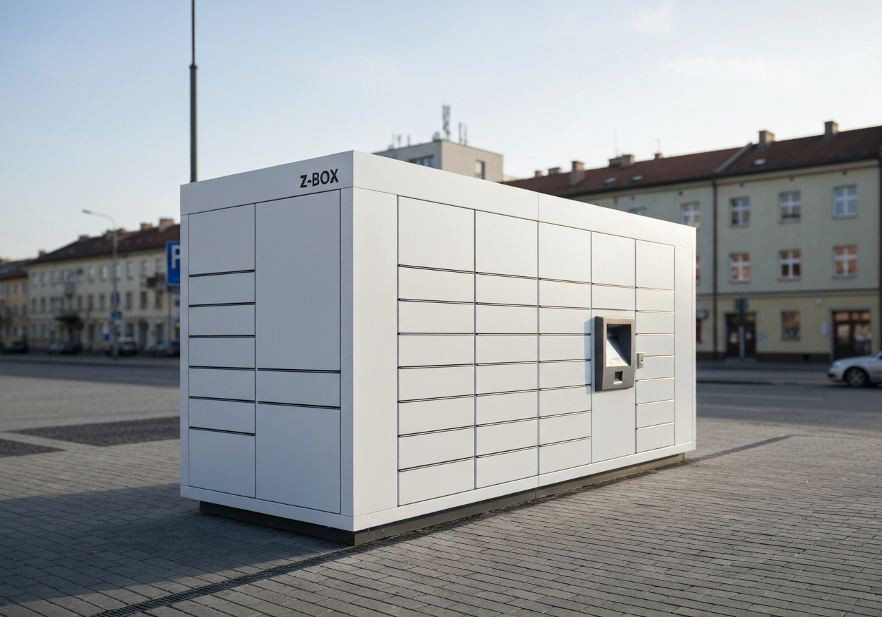 A modern Z-BOX automated parcel locker station in an urban setting of Jihlava, clean aesthetic, morning soft natural light, professional editorial photography, 85mm lens, blurred city background, no text, no words, no letters