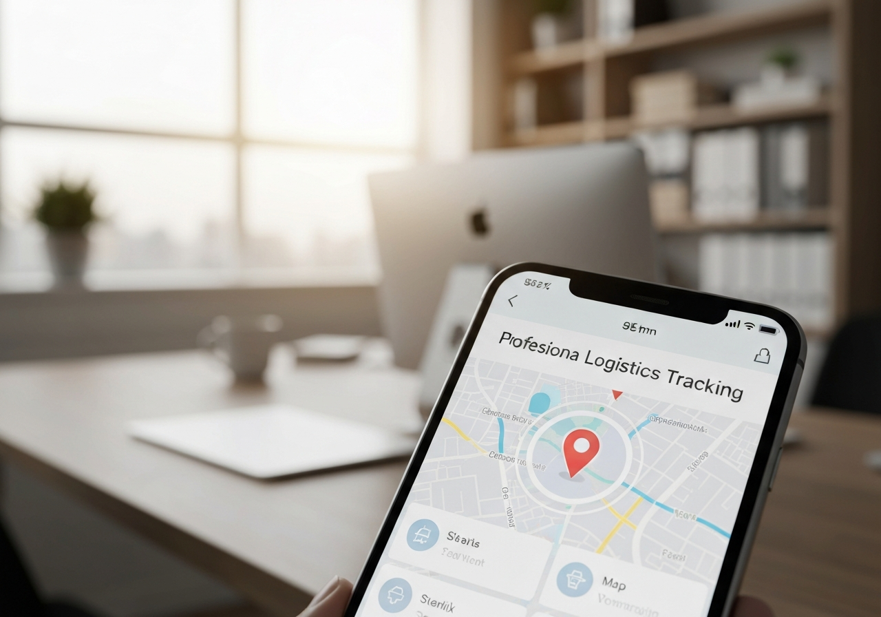 A close-up shot of a smartphone screen showing a professional logistics tracking app interface with a map pin, soft morning light in a modern office, clean minimalist aesthetic, shallow depth of field, 85mm lens, high resolution, no text, no letters
